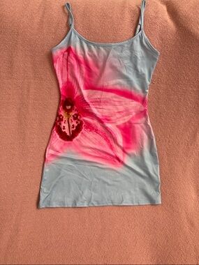 Women's Light Blue Floral Slip Tank Dress - Pink Orchid Print